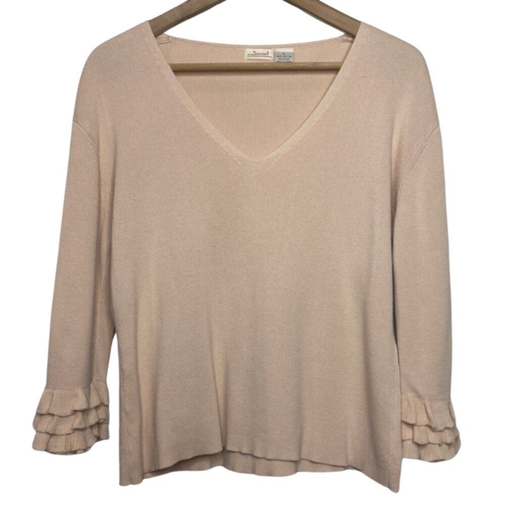 SAREET | Vintage Tan Lightweight Ruffle Sleeve V-Neck Sweater | Size L